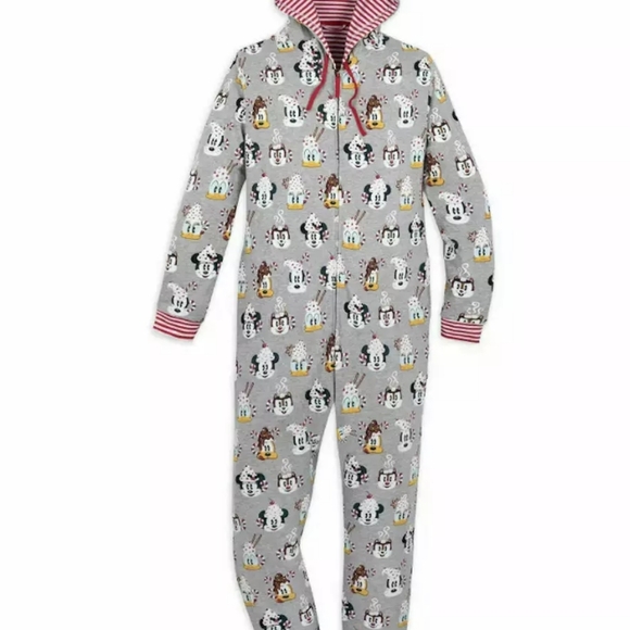 Grey Disney Characters & Hot Chocolate One Piece Footie w/ Mickey Mouse Hood - Picture 2 of 3